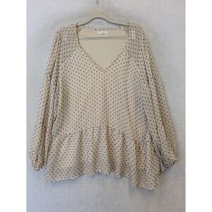 Maurices Peplum Top Women's‎ 0X Cream Black Clip Dot V-Neck Long Sleeve Tiered